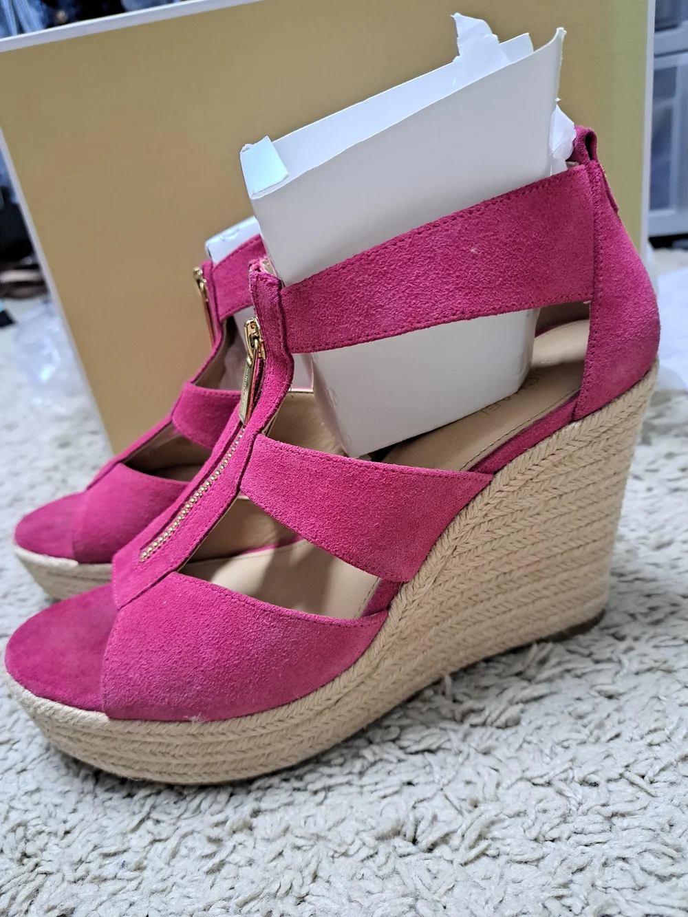 Michael Kors Demita Suede Wedge Sandals with Gold Zip Detail